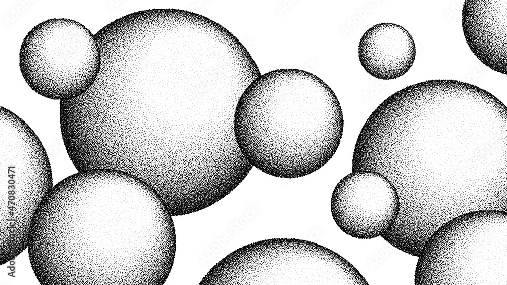 Poster spheres of grain balls background. black noise dots 3d soap bubbles. sand grain effect ball shape. a