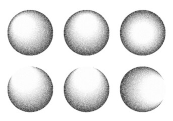 Dotwork 3D Spheres vector background. Sand grain effect. Black noise stipple dots. Abstract noise dotwork balls. Round black grain dots elements. Stipple circles. Dotted vector spheres.