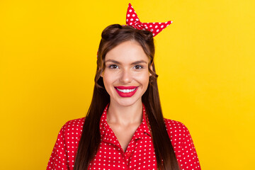 Photo portrait woman smiling wearing stylish dotted outfit isolated bright yellow color background