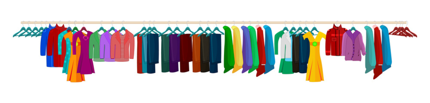 Clothes on hangers isolated on white background. Big rack
with different apparel.Advertisement border for dress shop, wear store, showroom or boutique.Colored garments on long rail.Vector illustration
