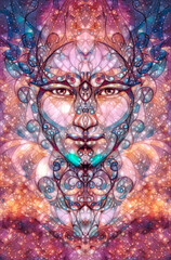 beautiful ornamental face on abstract background.