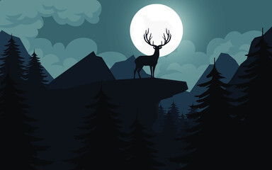 Mountain nature with deer that live in the late night and the moon