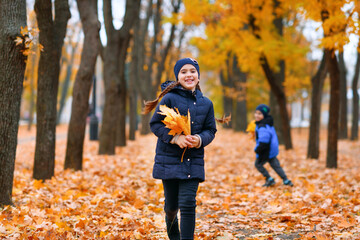 Fototapeta premium Children running in autumn city park. Beautiful nature, trees with yellow leaves.
