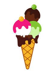 vanilla, pistachio and chocolate ice cream ball in a waffle cone cup.

Vector flat illustration
