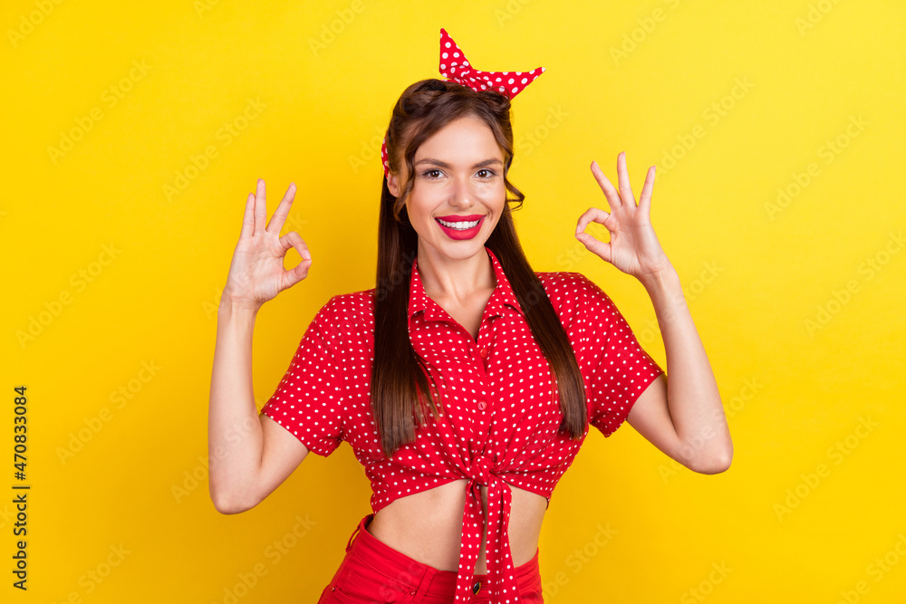 Sticker Photo of pretty adorable young woman dressed red clothes smiling showing okey isolated yellow color background