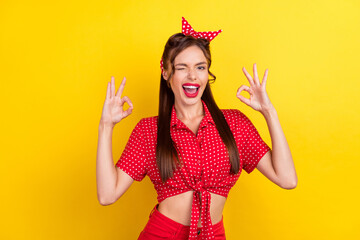 Photo of shiny sweet young lady wear dotted outfit showing okey signs winking smiling isolated...