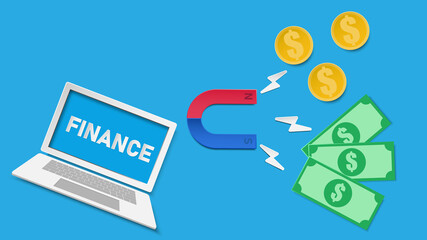money, computer, laptop, money, magnet, business, finance, concept, paper cut, style, vector, illustration, background, banking, cash, commerce, currency, design, earning, electronic, growth, internet