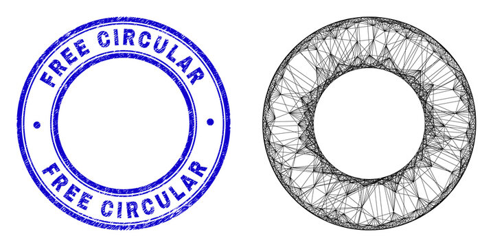 Net irregular mesh donut icon, and Free Circular unclean round stamp. Abstract lines form donut illustration. Blue stamp seal has Free Circular text inside round form.