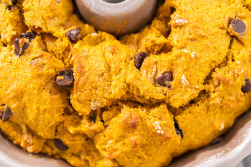 Chocolate pumpkin bundt cake with toffee glaze