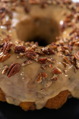 Chocolate pumpkin bundt cake with toffee glaze