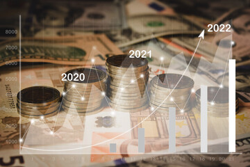 Financial charts showing growing revenue In 2022 on Money coin on each line rising background. Business growth, planing and strategy concept. Digital marketing.