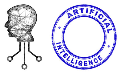 Carcass irregular mesh cyborg head contacts icon with Artificial Intelligence textured round seal. Abstract lines are combined into cyborg head contacts object.