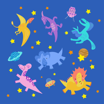Cute set of dinosaurs in space hand drawn vector color characters. Dino Flat clipart. Sketch of prehistoric animals. Jurassic reptiles isolated doodle drawing. Scandinavian cartoon childrens illustrat