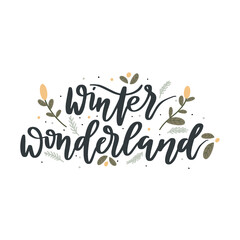 Christmas lettering with floral elements. Holidays hand-drawn winter graphics element for postcards for decorations, ornaments, and other design purposes. Christmas quotes hand brush lettering