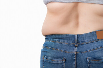 Rear view of a fat woman who is overweight. Shows excess fat at the waist isolated on white background.