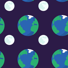 Hand drawn flat seamless pattern with Earth planet and moon