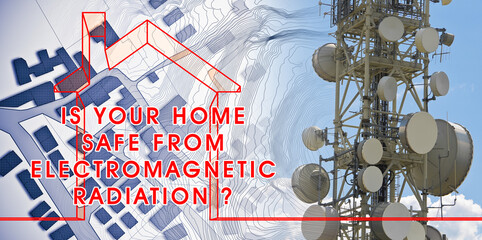 Alert about electromagnetic pollution exposure in a residential area - concept with base radio...