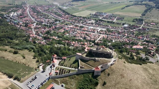 Top down aerial view of Rupea Fortress and town in Brasov County, Romania