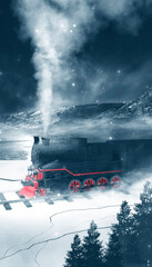 Night fantasy forest landscape with train. Night polar express train. Cold night landscape, smoke,...