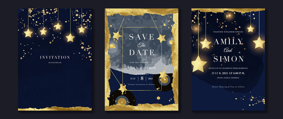 Star and moon themed wedding invitation vector template collection. Gold and luxury save the dated card with watercolor and gold sparkles and brush texture. Starry night cover design background.
