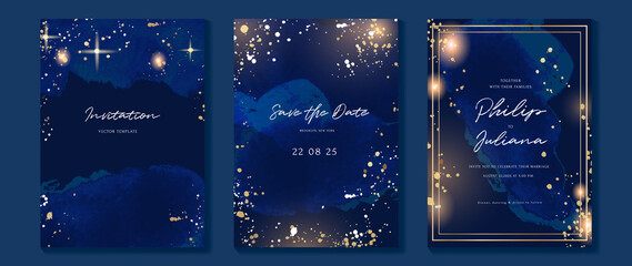 Star and moon themed wedding invitation vector template collection. Gold and luxury save the dated card with watercolor and gold sparkles and brush texture. Starry night cover design background.