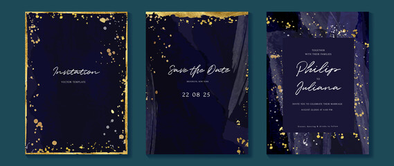 Star and moon themed wedding invitation vector template collection. Gold and luxury save the dated card with watercolor and gold sparkles and brush texture. Starry night cover design background.