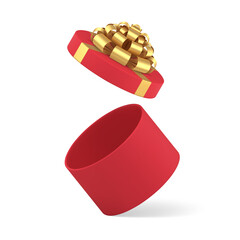 Traditional classic wrapped red festive gift box decorated by metallic golden bow ribbon isometric