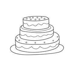 Simple coloring page. Coloring book with cake. Sketch on white. Vector for kids