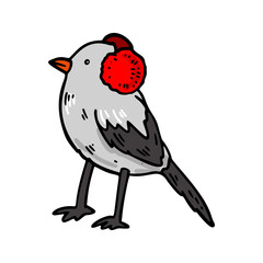 Hand drawn bird in a red winter headphones. Vector illustratio