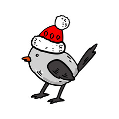 Hand drawn bird in a red winter hat. Vector illustration