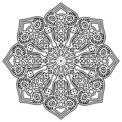 a fabulous flower. beautiful circular ornament. an element of a floral pattern. black and white isolated drawing by hand. coloring page, template, embroidery, henna, tattoo, print.