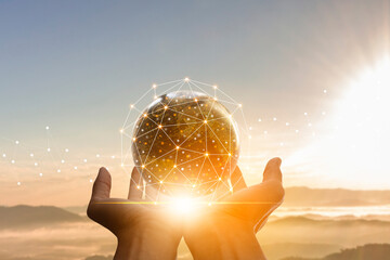 Abstract hand holding world network connection, digital network communication and partners concept	