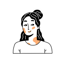 Happy portrait woman with vitiligo. Female character with pigmentation. Vector illustration in linear doodle style.