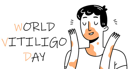 World vitiligo day banner or poster with happy young man. Character with vitiligo. Vector illustration.