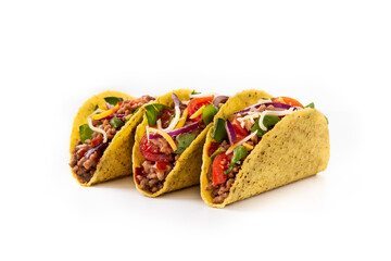 Traditional Mexican tacos with meat and vegetables isolated on white background	 - obrazy, fototapety, plakaty