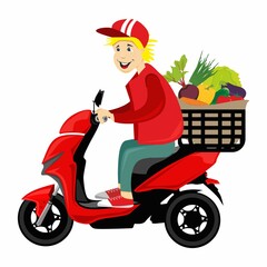 Vector illustration delivery man vegetables scooter