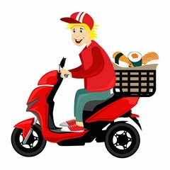 Vector illustration delivery man japanese foods scooter