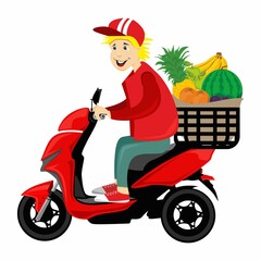 Vector illustration delivery man fruits scooter