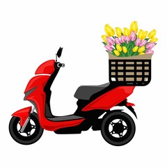 Vector illustration delivery tulips scooter