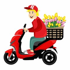 Vector illustration delivery man tulips scooter