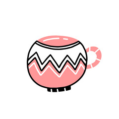 Ceramic pink and white mug with lines and dots patterns in a simple doodle style. Vector illustration isolated on white background.
