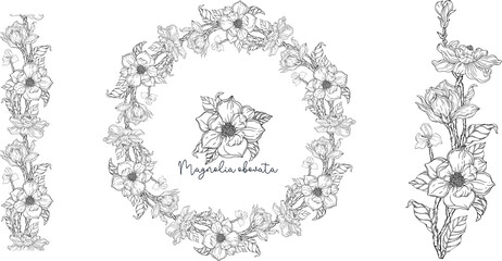 Floral graphic composition. Romantic flowers. Black and white graphics. Botanical illustration. Floral wreath. 