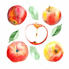Isolated set of watercolor red apples and green leaves