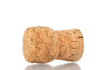 One cork for a bottle of wine, close-up, isolated on white.