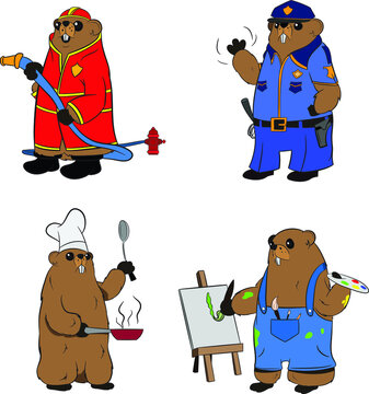 Anthropomorphized Groundhog character dressed as a Chef Firefighter Policeman and Painter. Groundhog Set of four Characters.