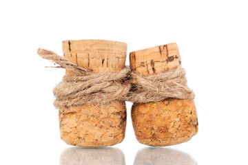 Two corks for a bottle of wine, close-up, isolated on white.