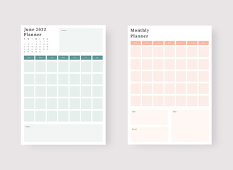 June 2022 planner template set. Set of planner and to do list. Monthly, weekly, daily planner template. Vector illustration. - obrazy, fototapety, plakaty