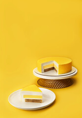 Delicious mango and passion fruit mousse cake on a stand and slice with the layers and texture...