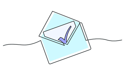 Continuous line drawing of envelope. Check mark inside a envelope. Vector illustration.