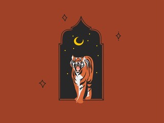 Hand drawn vector abstract stock graphic cartoon illustration with beauty cute celestial trendy wildlife white,moon tiger,moon and stars isolated on color background, clipart tiger Chinese New Year.